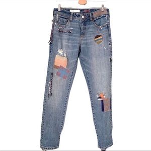 Pilcro for Anthropologie Distressed Embroidered Patches Blue Wash Jeans